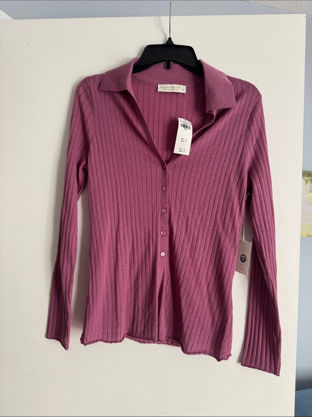 Abercrombie & Fitch Ribbed Button-Front Long Sleeve Top - Mauve
